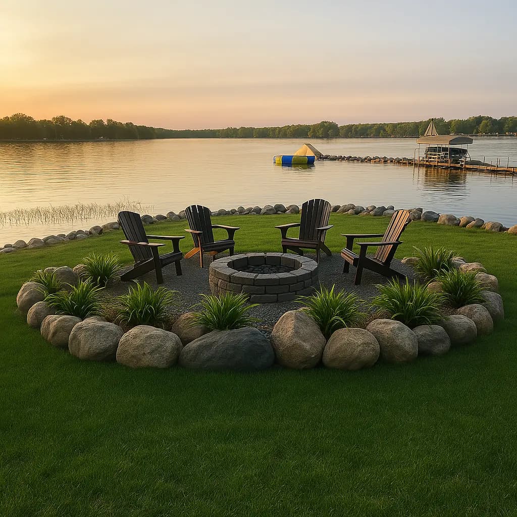 Stone fire pit with Adirondack chairs beside a restored lake shoreline at dusk near Coon Lake, MN