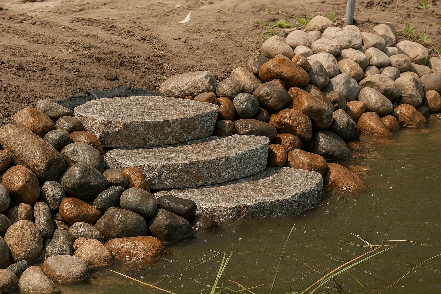 Natural stone steps leading down a restored boulder shoreline to the water near Coon Lake, MN