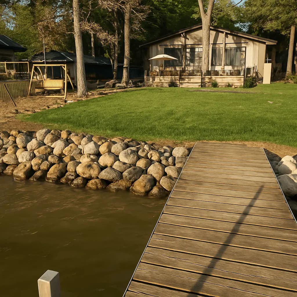 Boulder shoreline wall meeting a wood dock on a calm Minnesota lake