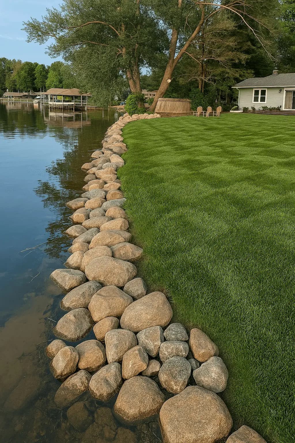 Curved boulder shoreline wall separating lawn from a lakefront in East Bethel, MN