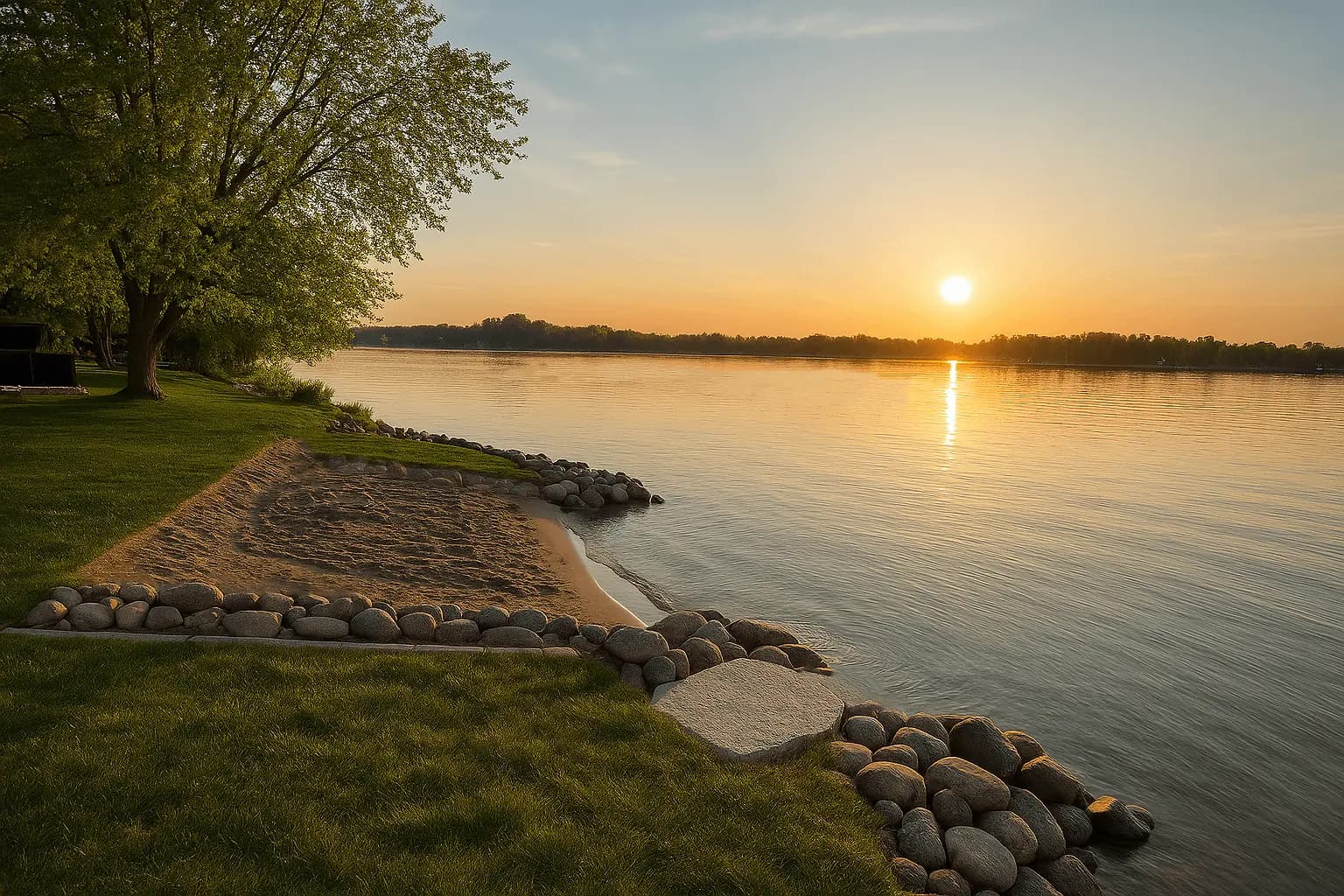Regraded sandy beach and shoreline at sunset after grading work near Lake George, MN