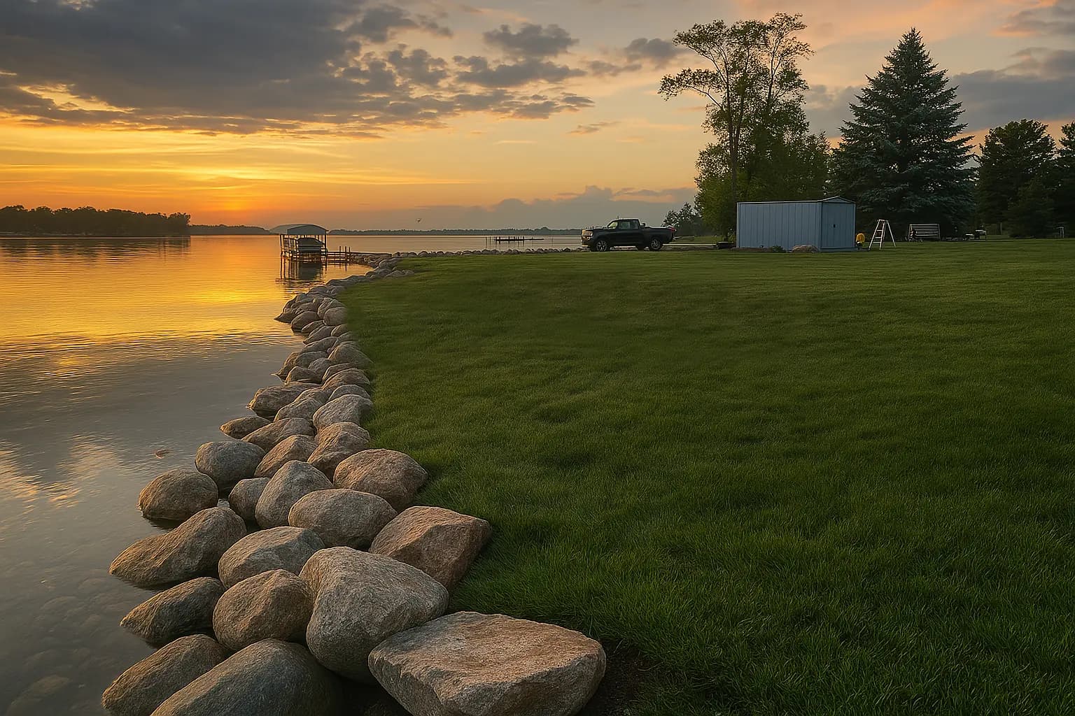 Sunset over a restored boulder shoreline on a Minnesota lake